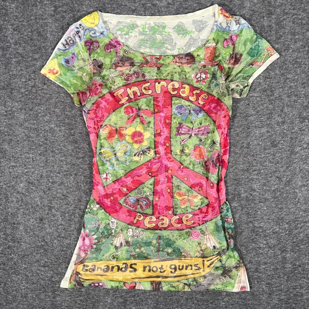 L.O.L. Vintage Y2K Peace Sign Butterfly Graphic Tee Bananas Not Guns Green Small
